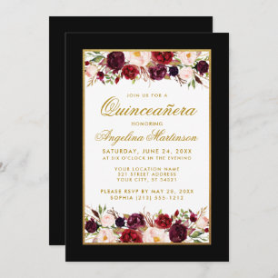 Quinceanera Burgundy Floral Black White Gold Invitation