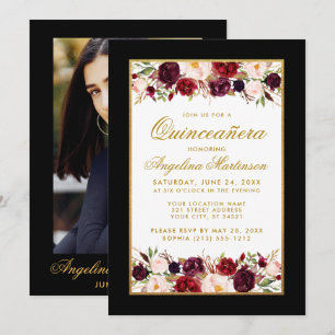 Quinceanera Burgundy Floral Black White Gold Photo Invitation