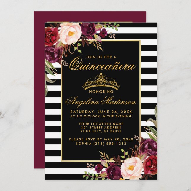 Quinceanera Burgundy Floral Crown Stripes Photo Invitation (Front/Back)