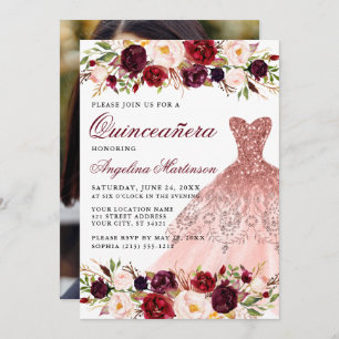 Quinceanera Burgundy Floral Glitter Dress Photo Invitation
