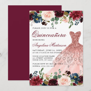 Quinceanera Burgundy Floral Glitter Pink Dress Invitation