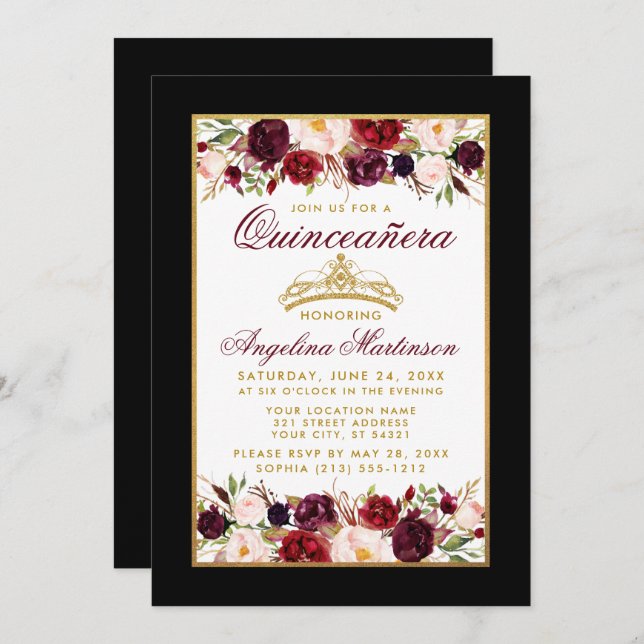 Quinceanera Burgundy Floral Gold Crown Black Invitation (Front/Back)