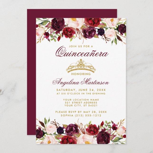 Quinceanera Burgundy Floral Gold Crown Invitation (Front/Back)