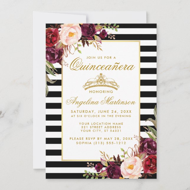 Quinceanera Burgundy Floral Gold Crown Striped Invitation (Front)