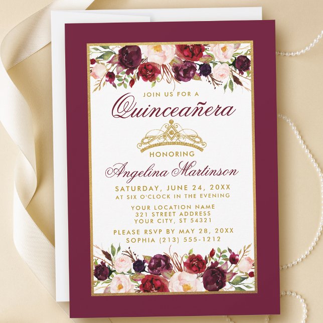 Quinceanera Burgundy Floral Gold Frame Crown Invitation (Customize to change text color, style, add text & photos to back or change color of back of card.)