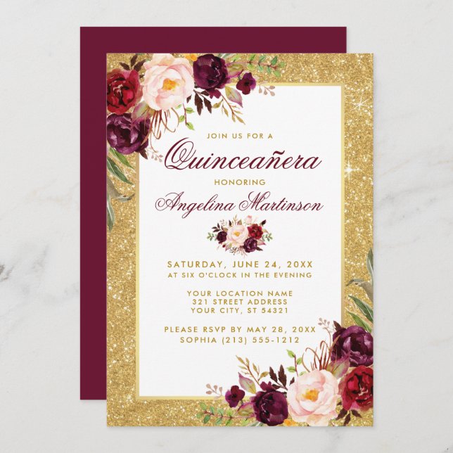 Quinceanera Burgundy Floral Gold Glitter Invitation (Front/Back)