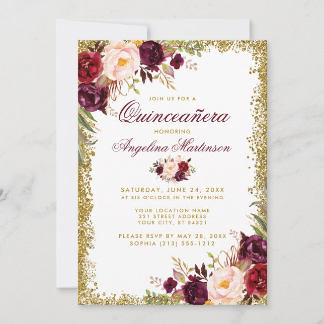 Quinceanera Burgundy Floral Gold Glitter Invite (Front)