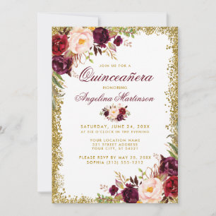 Quinceanera Burgundy Floral Gold Glitter Invite