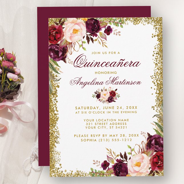 Quinceanera Burgundy Floral Gold Glitter Invite B (Customize to change text color, style, add text & photos to back or change color of back of card.)