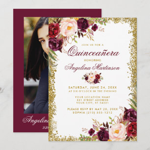 Quinceanera Burgundy Floral Gold Glitter Photo Invitation