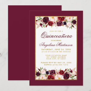 Quinceanera Burgundy Floral Gold Invitation