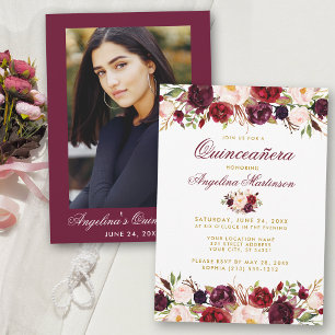 Quinceanera Burgundy Floral Gold Photo Invitation