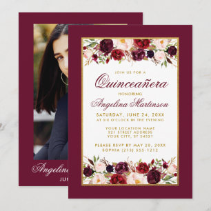 Quinceanera Burgundy Floral Gold Photo Invitation
