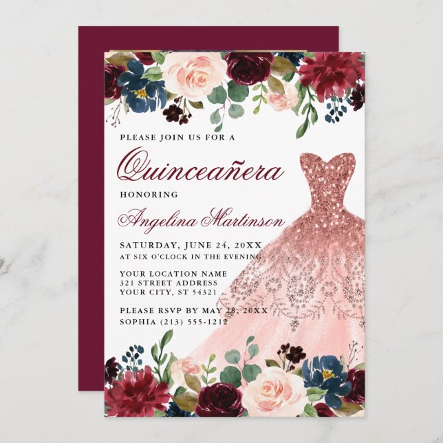 Quinceanera Burgundy Floral Photo Back Dress Invitation (Front/Back)