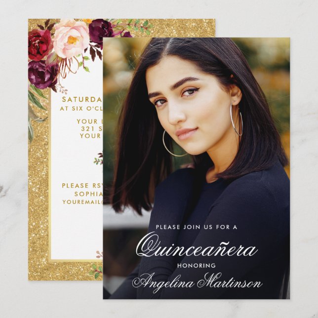 Quinceanera Burgundy Floral Photo Gold Glitter Invitation (Front/Back)