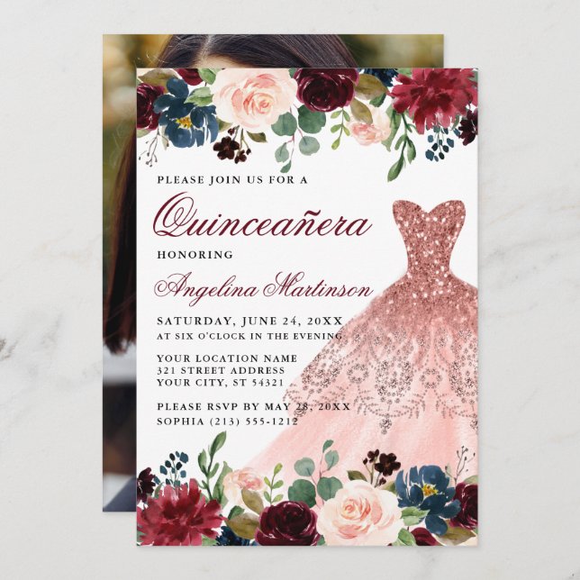 Quinceanera Burgundy Floral Photo Pink Dress Invitation (Front/Back)