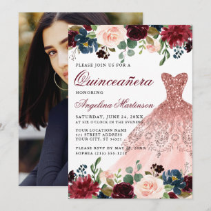 Quinceanera Burgundy Floral Photo Pink Dress Invitation