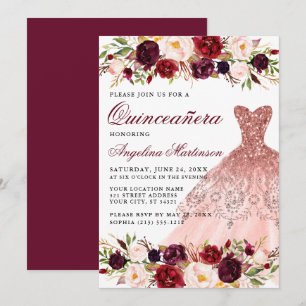 Quinceanera Burgundy Floral Pink Glitter Dress Invitation