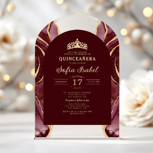 Quinceañera Burgundy Gold Agate Elegant Acrylic Invitations