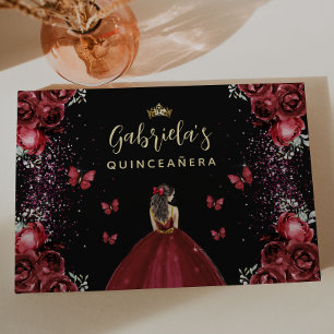 Quinceañera Burgundy Gold Black Floral Guest Book