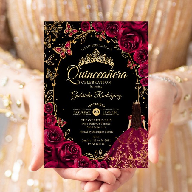 Quinceanera Burgundy Gold Black Invitation (Creator Uploaded)