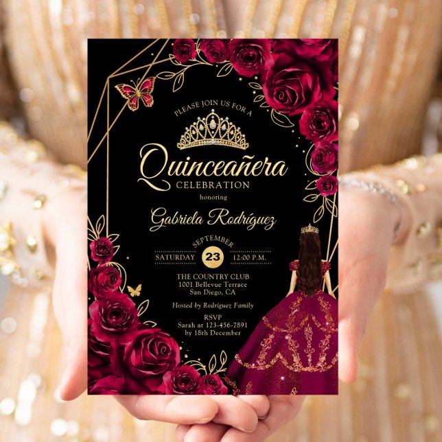 Quinceanera Burgundy Gold Butterfly Dress Floral Invitation (Creator Uploaded)
