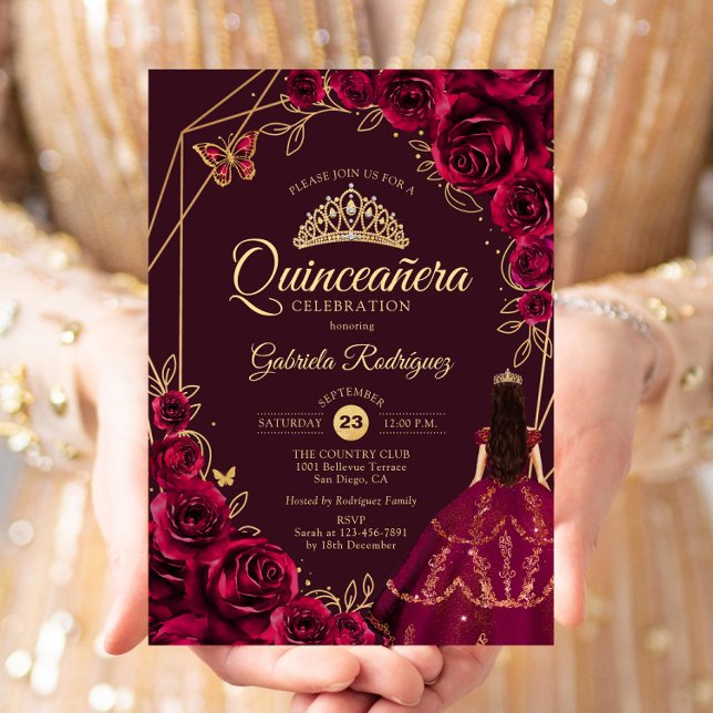 Quinceanera Burgundy Gold Dress Floral Invitation (Creator Uploaded)