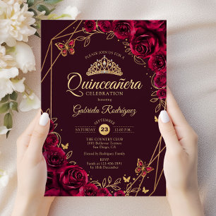 Quinceanera Burgundy Gold Floral Invitation