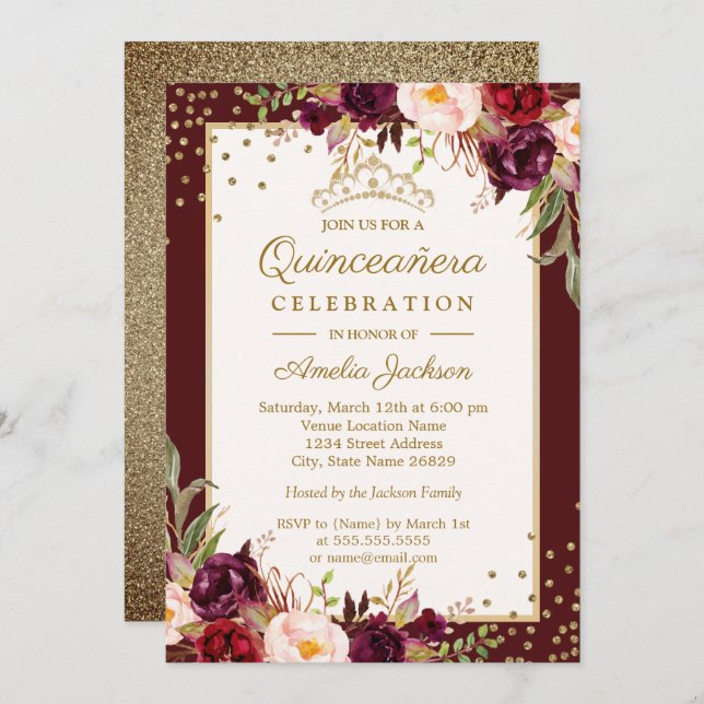 Quinceanera Burgundy Gold floral Sparkle Invite (Front/Back)