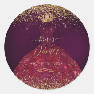 Quinceanera Burgundy Gold Glitter Princess Crown Classic Round Sticker