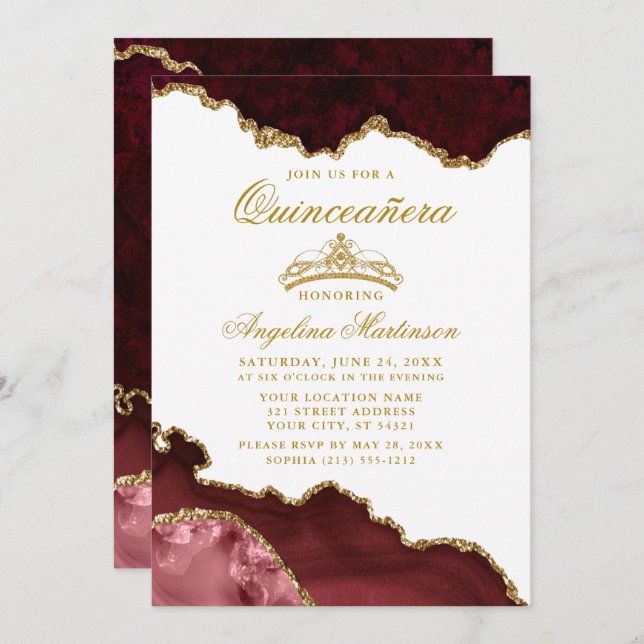 Quinceanera Burgundy Gold Marble Crown Invitation (Front/Back)