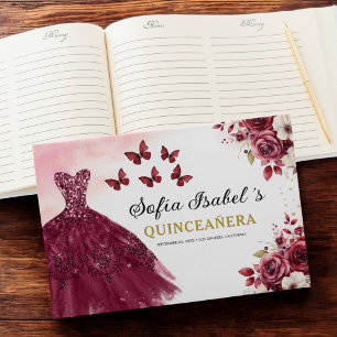 Quinceañera Burgundy Gold Princess Floral Guest Book