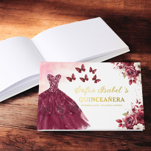 Quinceañera Burgundy Gold Princess Floral Guest Book