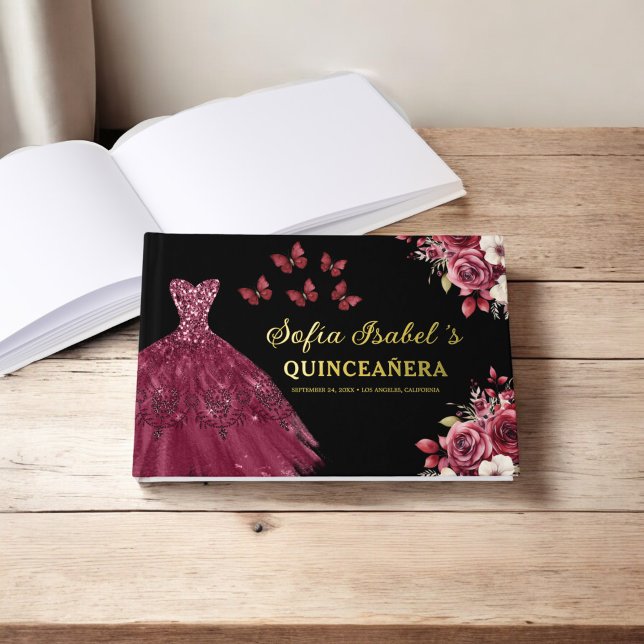 Quinceañera Burgundy Gold Princess Floral Guest Book (Creator Uploaded)