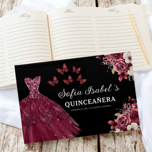 Quinceañera Burgundy Gold Princess Floral Guest Book (Creator Uploaded)