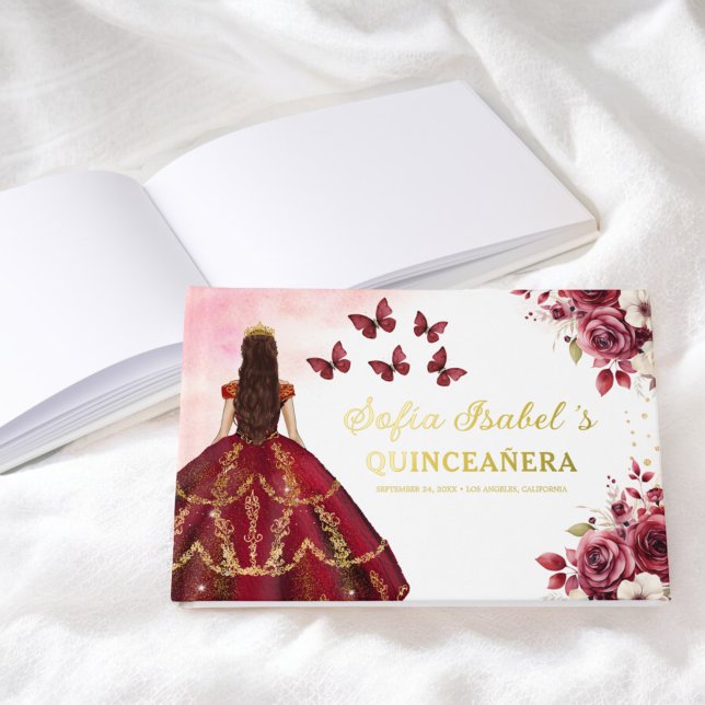 Quinceañera Burgundy Gold Princess Floral Guest Book (Creator Uploaded)