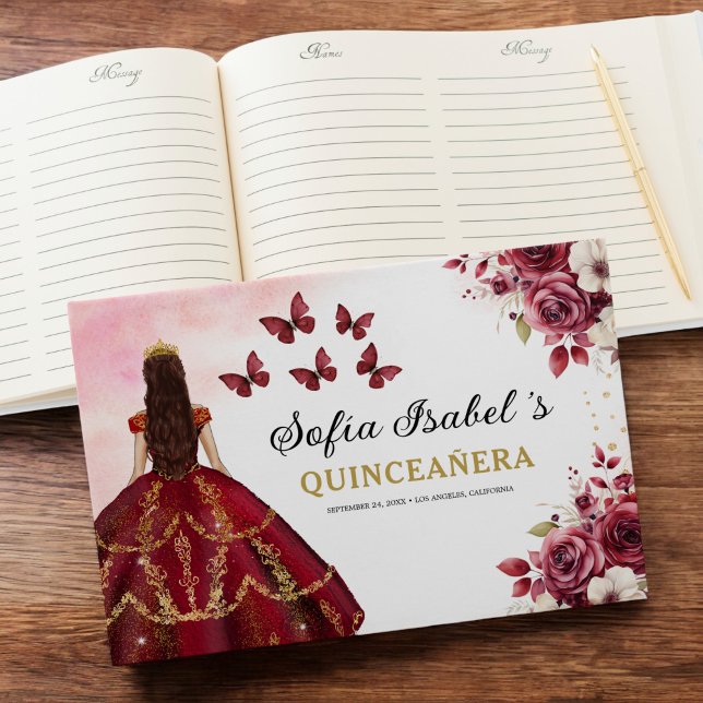 Quinceañera Burgundy Gold Princess Floral Guest Book (Creator Uploaded)