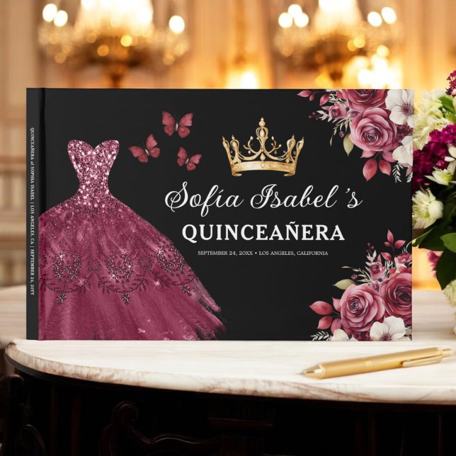 Quinceañera Burgundy Gold Princess Floral Guest Book (Creator Uploaded)