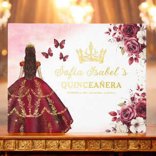 Quinceañera Burgundy Gold Princess Floral Guest Book
