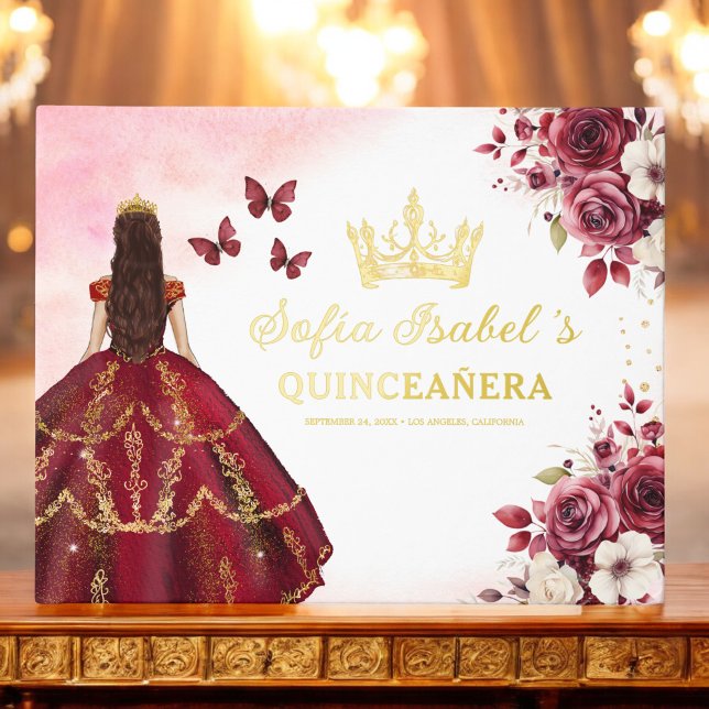 Quinceañera Burgundy Gold Princess Floral Guest Book (Creator Uploaded)