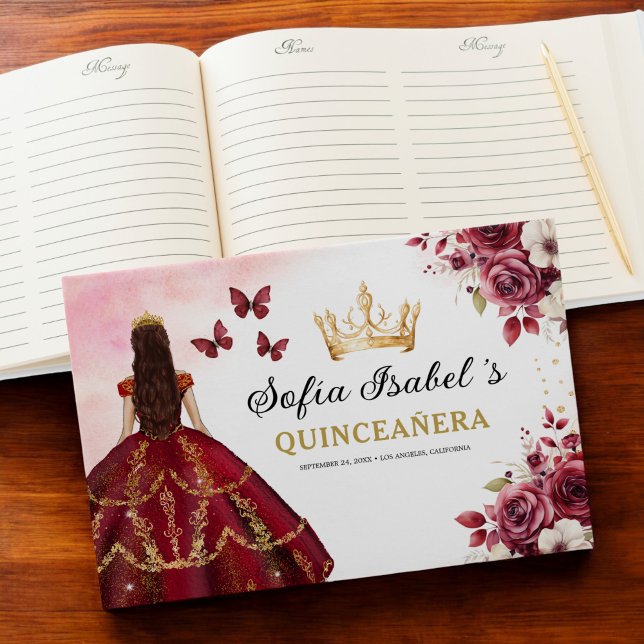 Quinceañera Burgundy Gold Princess Floral Guest Book (Creator Uploaded)