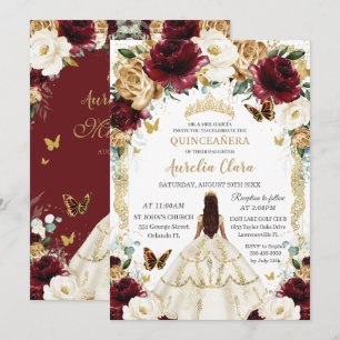 Quinceañera Burgundy Ivory Gold Floral Girl Dress Invitation