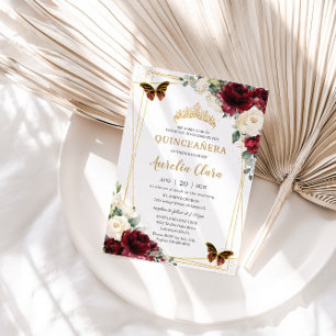 Quinceañera Burgundy Ivory White Floral Butterfly Invitation