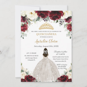 Quinceañera Burgundy Ivory White Floral Princess Invitation