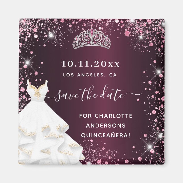 Quinceanera burgundy pink dress save the date magnet (Front)