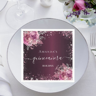 Quinceanera burgundy pink floral name script napkin