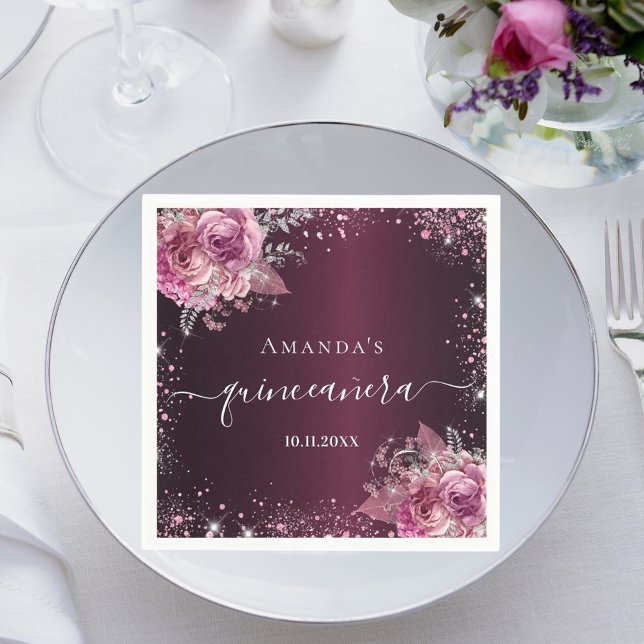 Quinceanera burgundy pink floral name script napkin (Creator Uploaded)