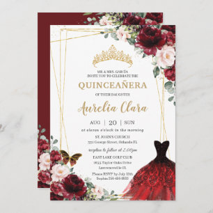 Quinceañera Burgundy Pink Floral Princess Gown  Invitation