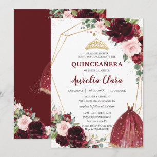 Quinceañera Burgundy Pink Floral Roses Ball Gown Invitation