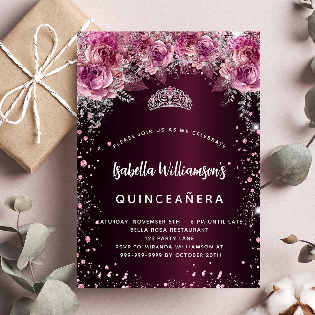 Quinceanera burgundy pink floral tiara invitation postcard (Creator Uploaded)